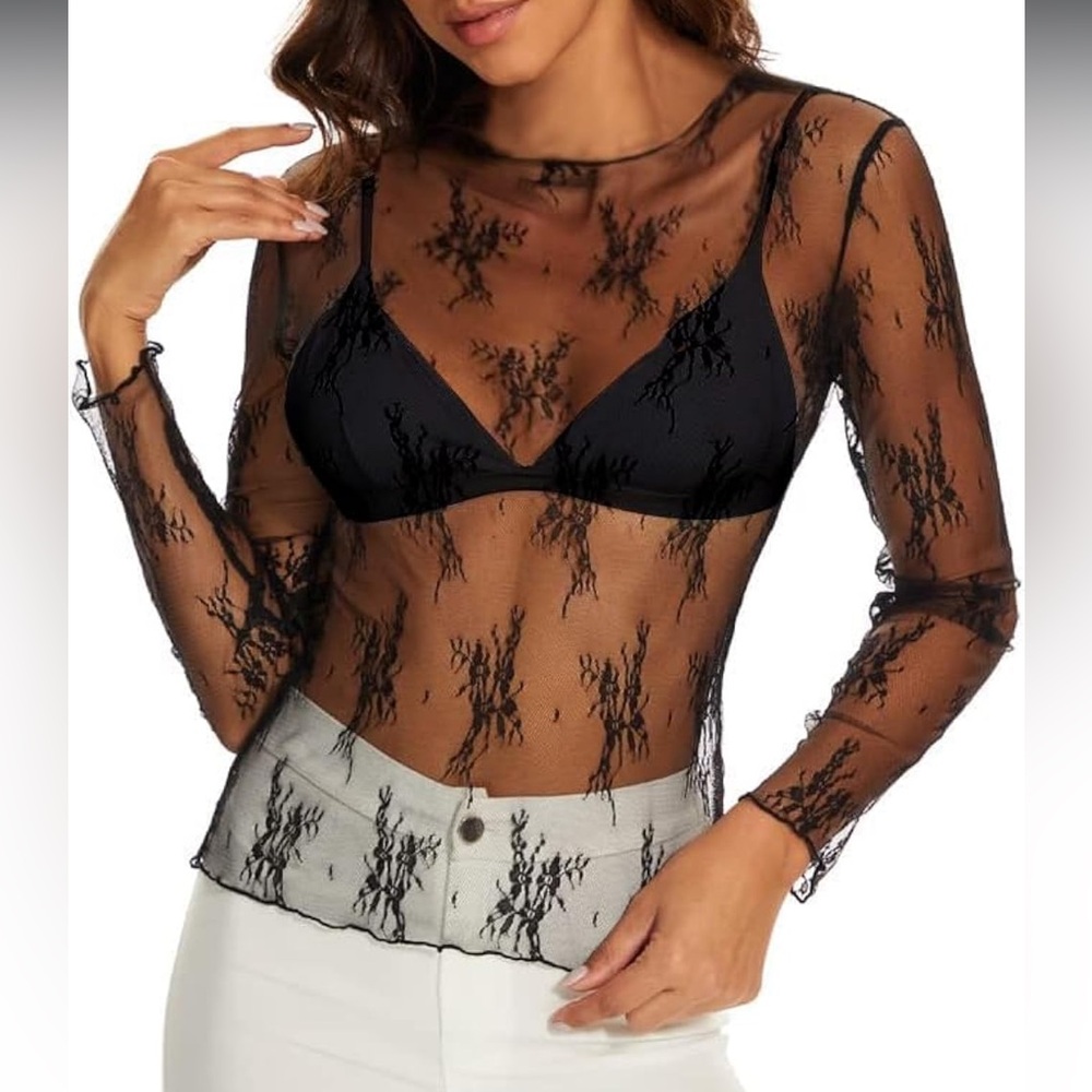 NWOT Black Sheer Lace Top - Picture 3 of 10